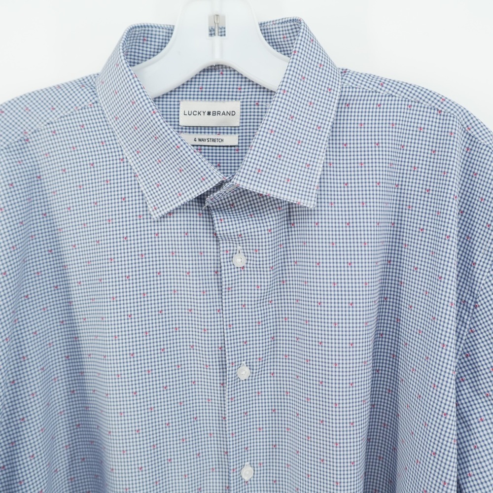 Lucky Brand Button Down Shirt Mens XL Blue Gingham 4 Way Stretch Long Sleeve